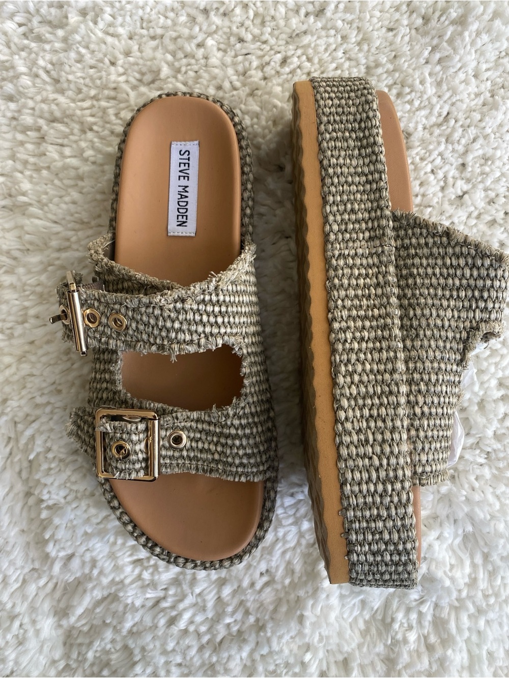 Steve Madden Beige Woven Double-Buckle Platform Mules - Picture 2 of 7